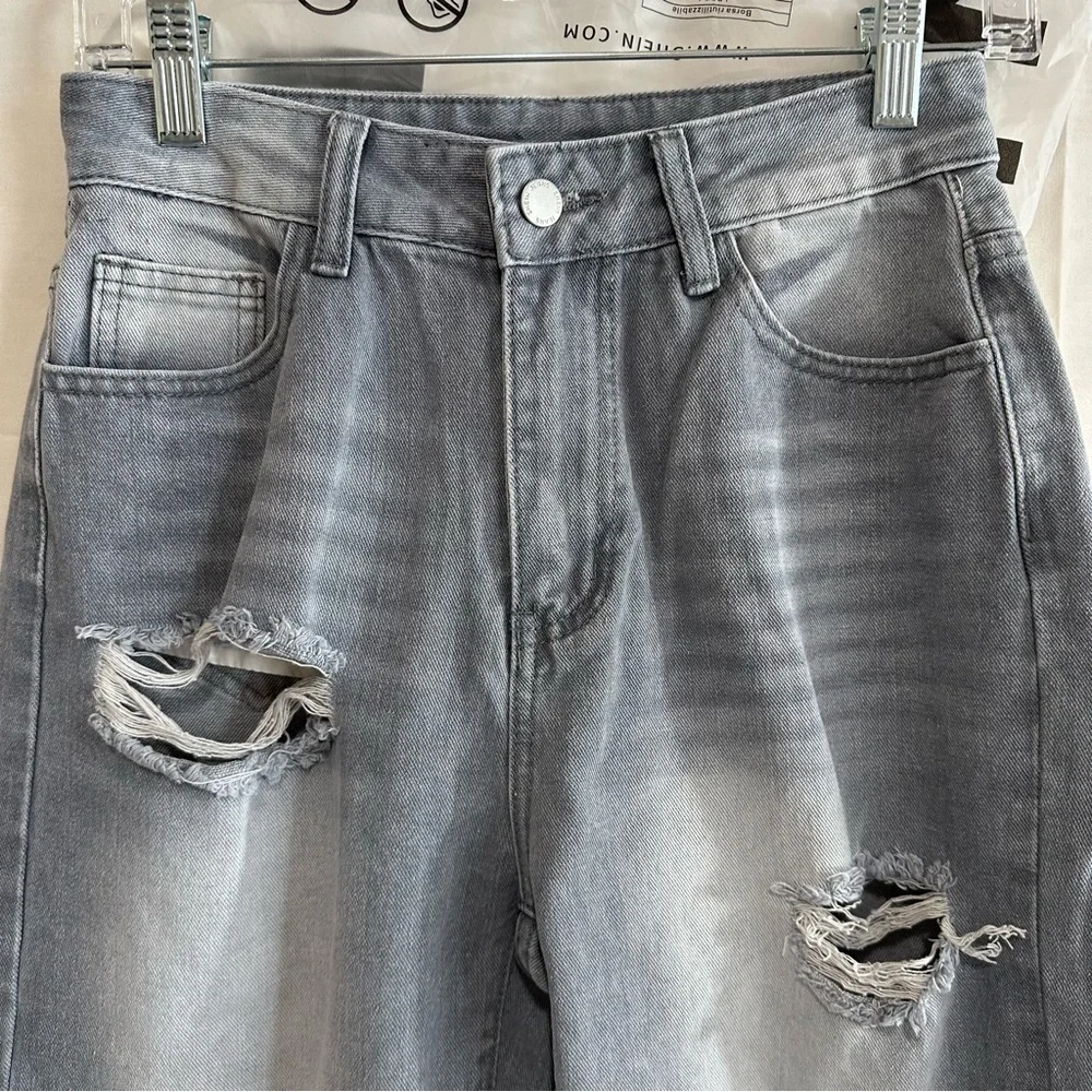 SHEIN PETITE Womens Front-Button Multi-Pocket Ripped Denim Jeans Gray Small/4 - Picture 3 of 12
